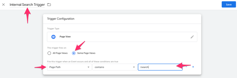 google tag manager setting up internal search trigger