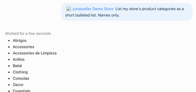ChatGPT listing the store's categories with the Jumpseller plugin