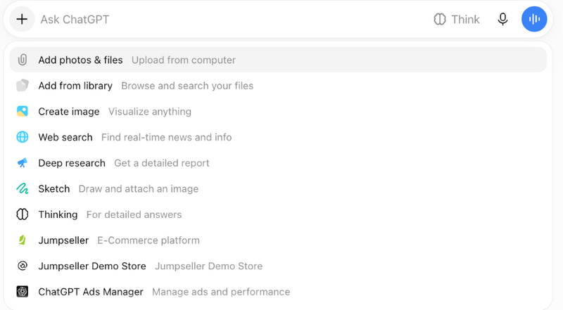 The Jumpseller plugin in the + menu of a ChatGPT chat
