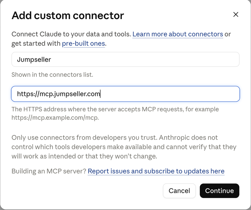 Name and server URL in Claude's Add custom connector dialog