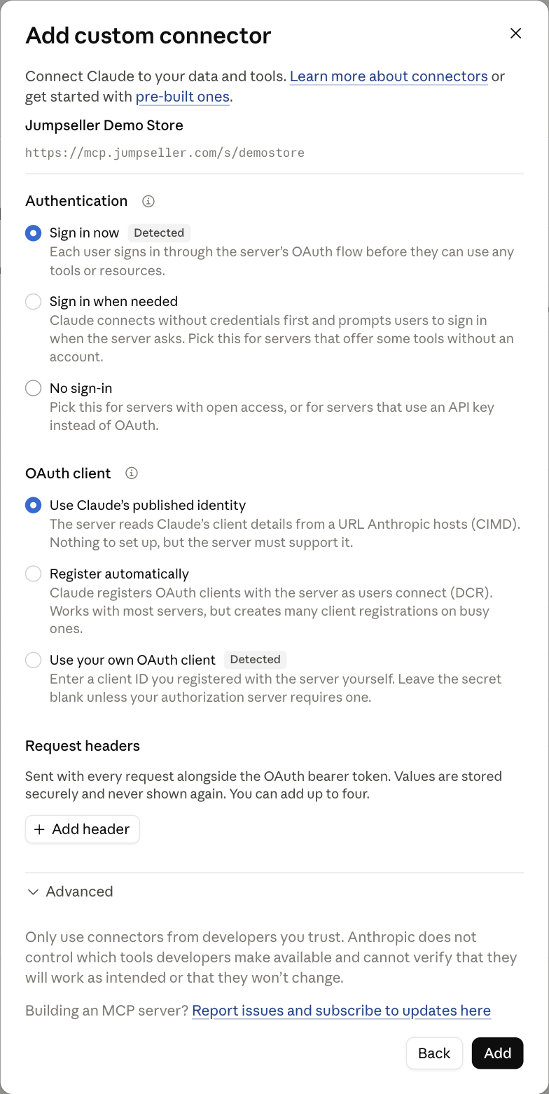 Sign in now and Use Claude's published identity selected