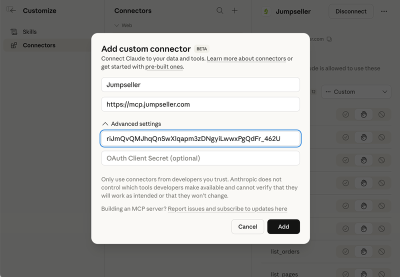 Claude custom connector setup