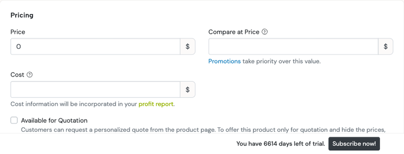 Compare At Price input fields