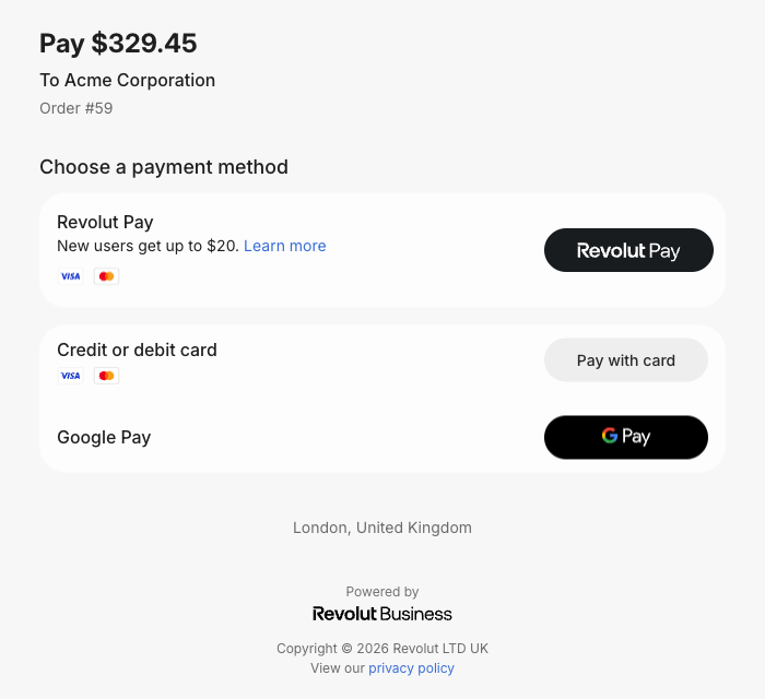 Revolut payment page with Revolut Pay, card and Google Pay options