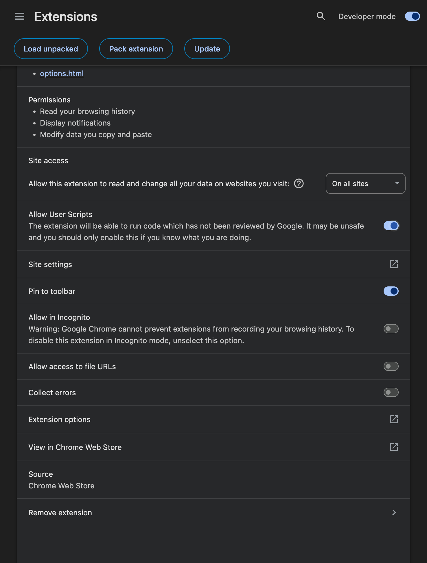 Actual Chrome settings with Developer mode and Allow User Scripts enabled for Tampermonkey